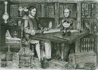 Robert Fitzroy a Charles Darwin při studiu bouřkové skleničky